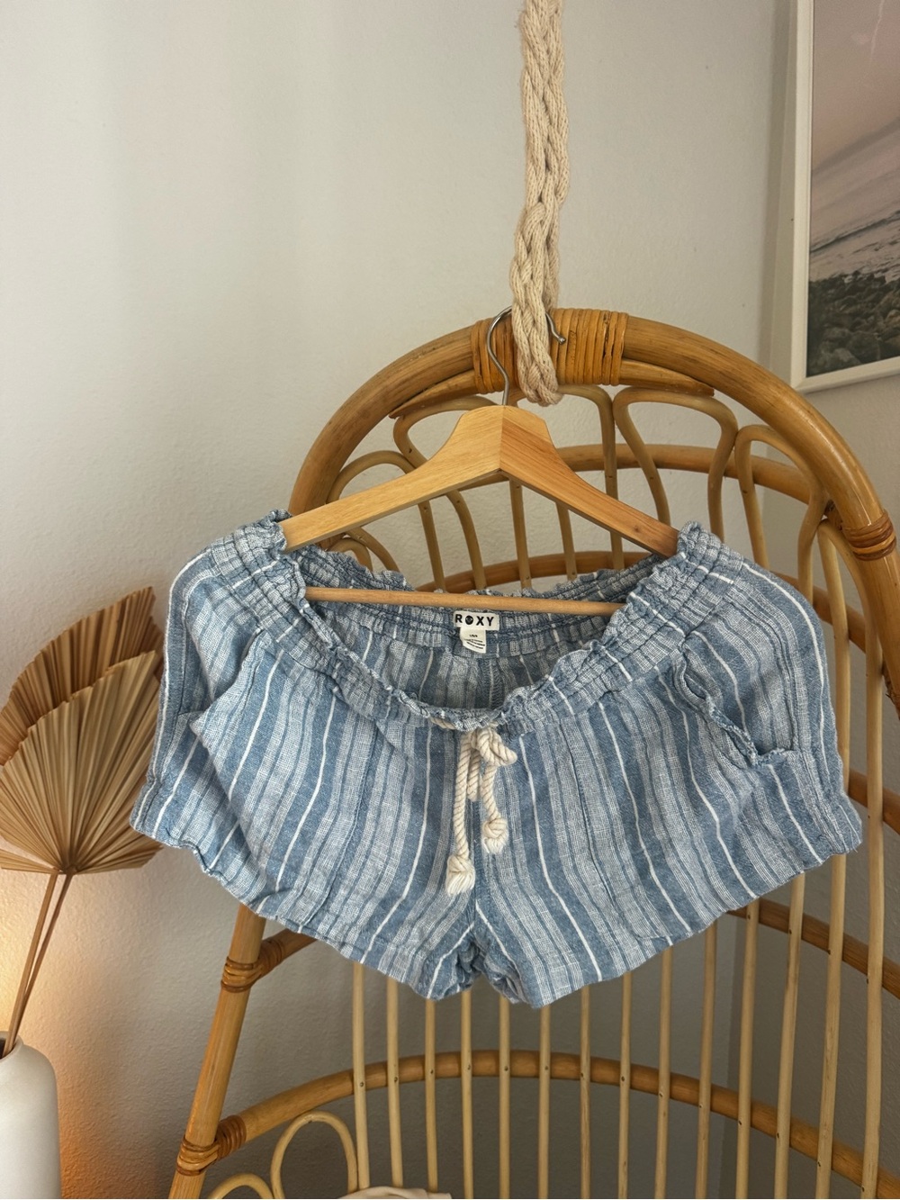 Roxy Blue White Striped Beach Shorts Size L Coastal Drawstring